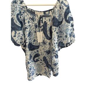Chelsea Theodore Womens 3X Top NWT Blouse Cotton Blue Paisley Peasant Cottage